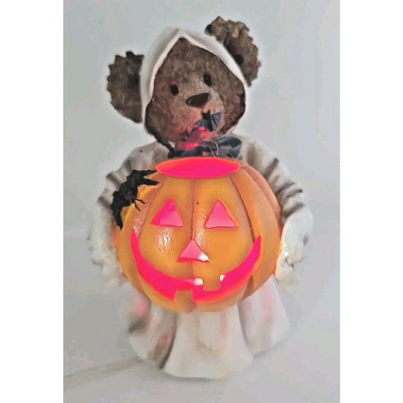 Vintage Resin Halloween Teddy Bear Ghost w/ Jack-O-Lantern & Bats Works U267 - Picture 1 of 11